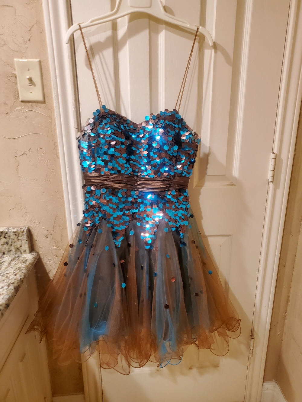 Nina Canacci Blue Sequin Strapless Party Dress with Brown Waistband